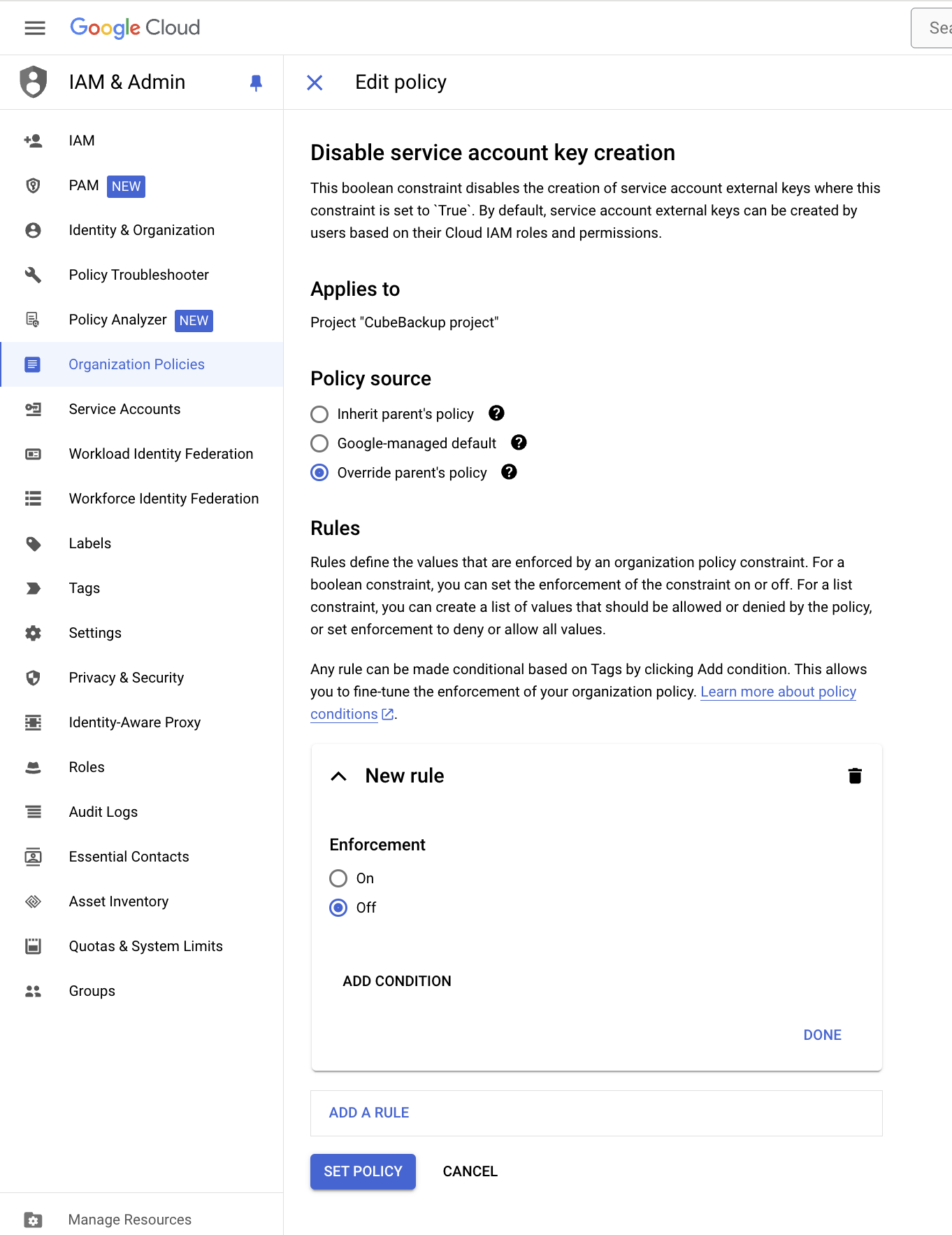 Edit organization policy