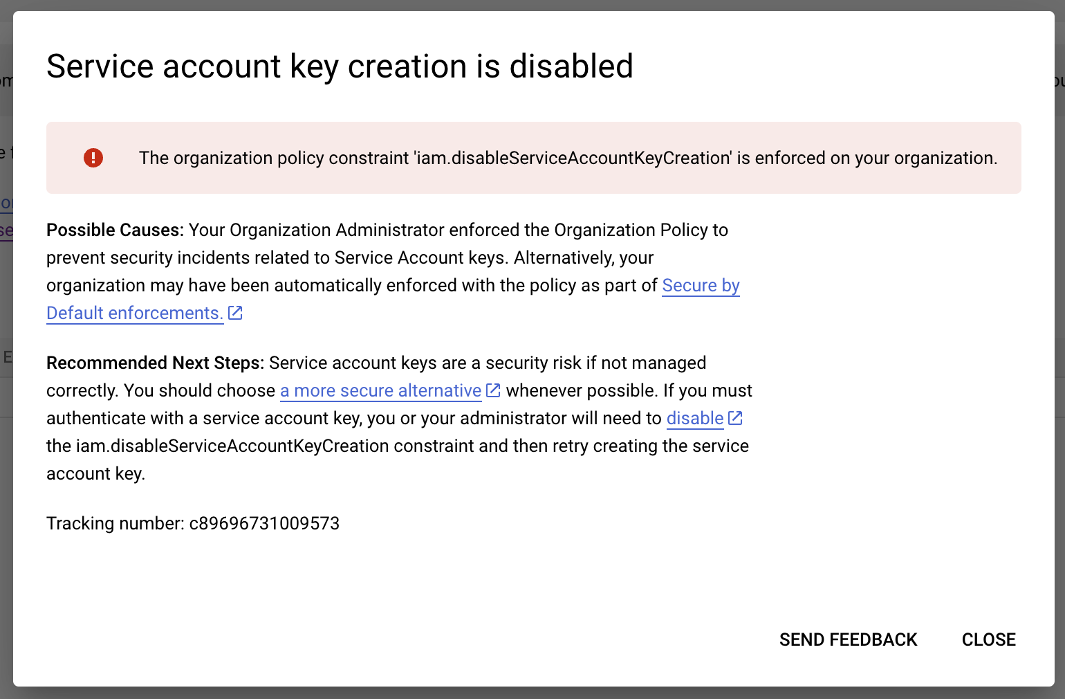 Error message: Key creation is not allowed on this service account