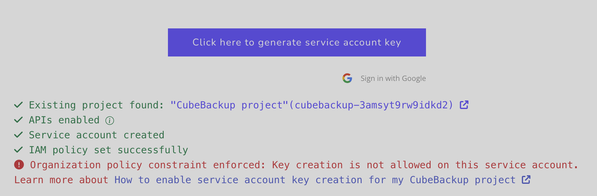 Error message: Key creation is not allowed on this service account